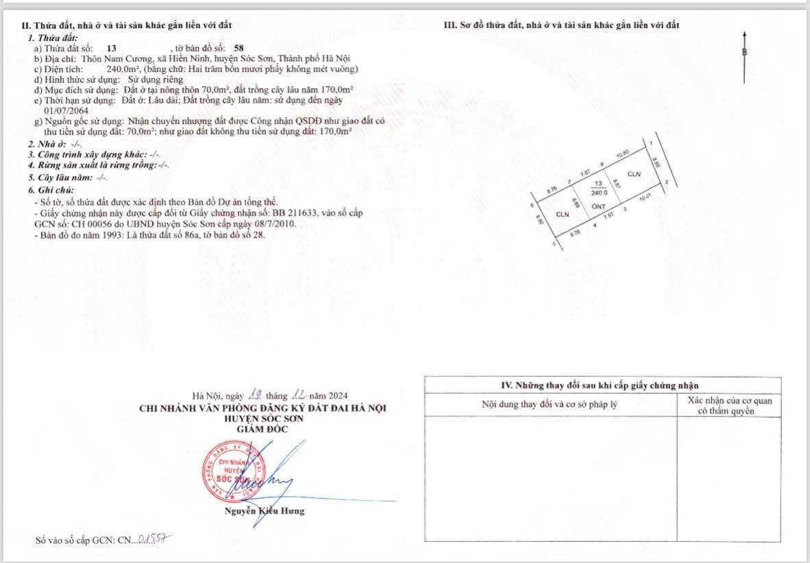 BÁN GẤP 240M ĐẤT BÌA NAM CƯƠNG, HIỀN NINH, SÓC SƠN. HÀ NỘI