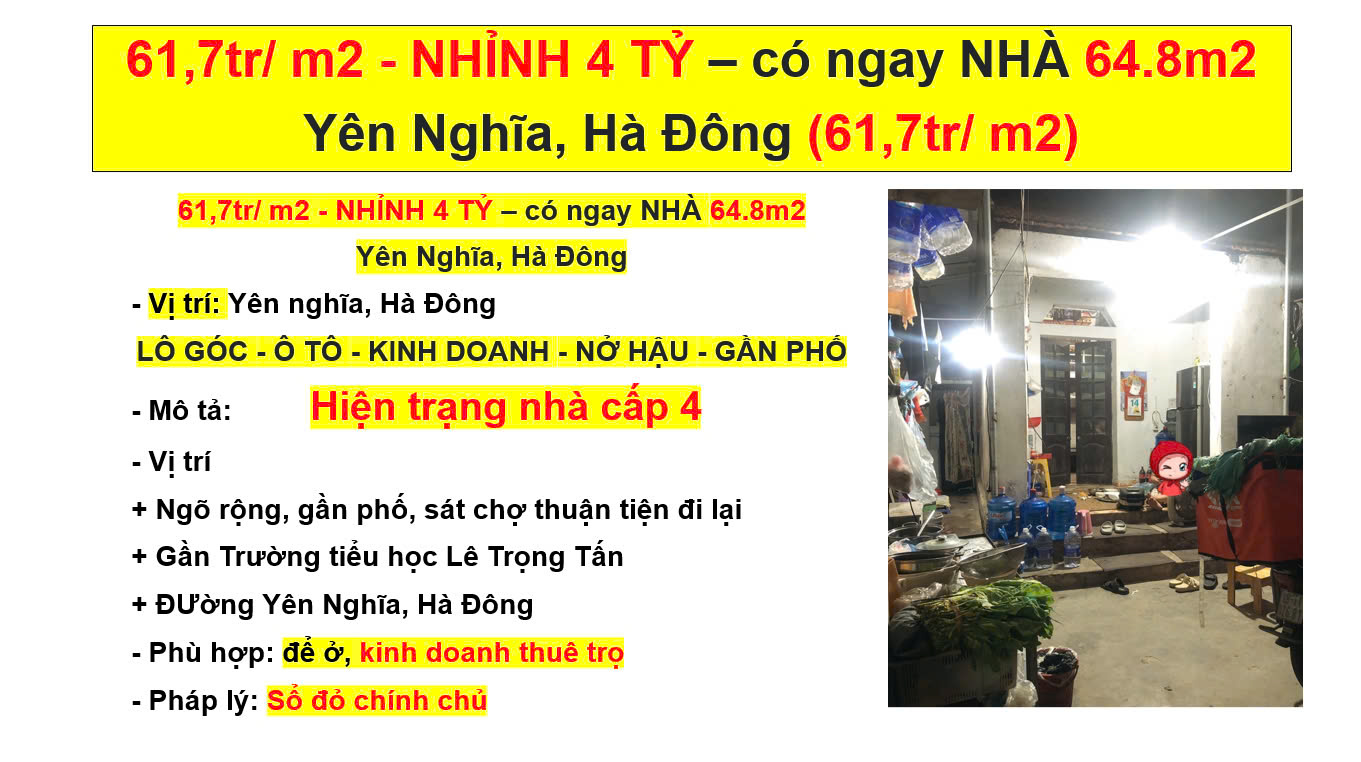 MUA BÁN NHÀ - HÀ THIÊN VŨ 61,7tr/ m2 - NHỈNH 4 TỶ – có ngay NHÀ 64.8m2 Yên Nghĩa, Hà Đông