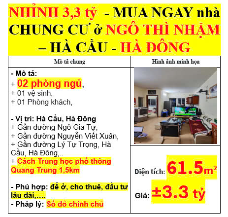 NHỈNH 3,3 tỷ  - MUA NGAY nhà CHUNG CƯ ở NGÔ THÌ NHẬM – HÀ CẦU - HÀ ĐÔNG