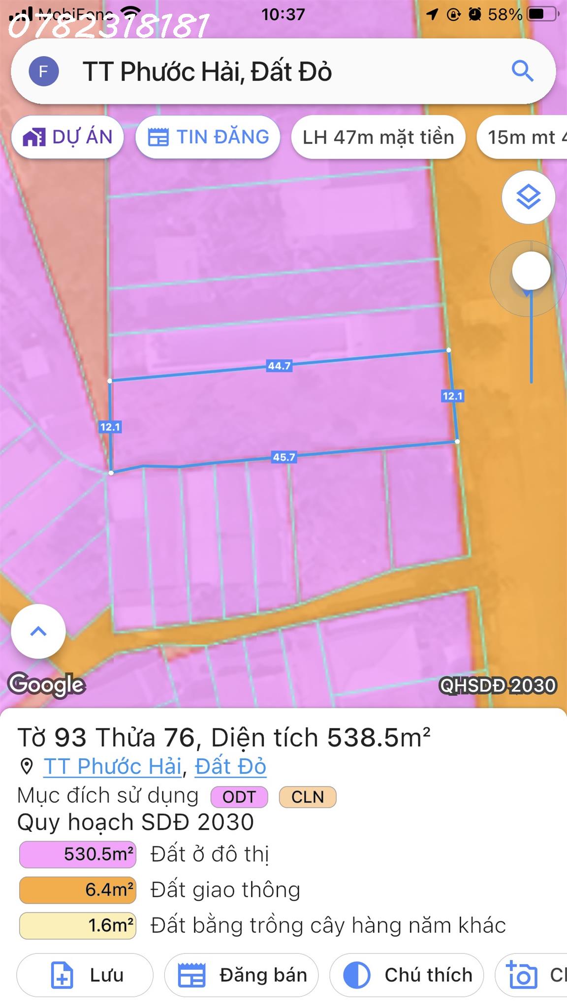 Bán Đất Đường: Mạc Thanh Đạm .TT Phước Hải. 550 m2 ngang 9,7m sâu 57m có 100 TC ,giá 9txx